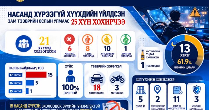 Зам тээврийн осол үйлдсэн 5 хүүхдийг хорьж, 2 хүүхдийн зорчих эрх хязгаарлаж, 11 хүүхдийг тэнсэн харгалзах ялаар шийтгэжээ 